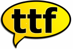 TTF logga. Svart text mot gul bakgrund som en pratbubbla